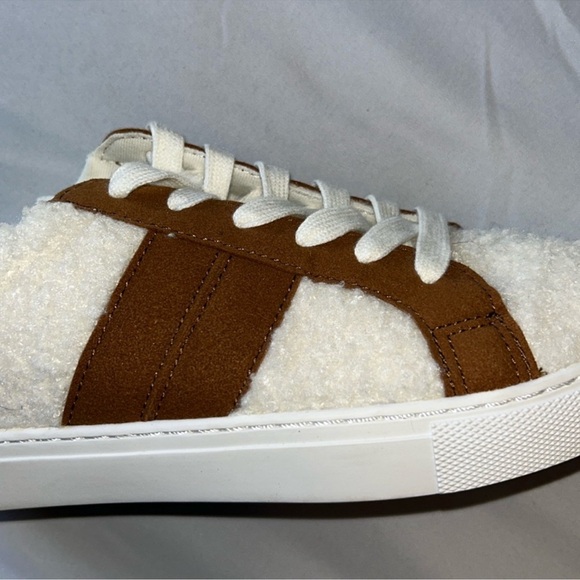 J Crew White Sherpa Brown Striped Suede Road Trip Sneakers Womans Sz 8 - Picture 11 of 15